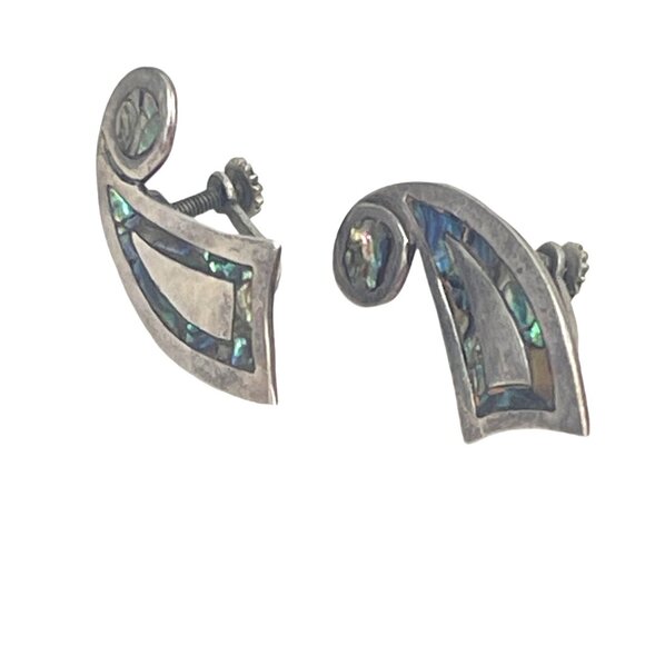 Vintage Abalone and  Sterling Silver Screw Back Earrings Marked B Taxco Sterling - Picture 6 of 8